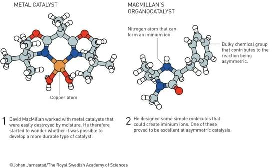 传统的金属催化剂会在潮湿环境下被摧毁，而小型有机分子催化剂则可以规避这一问题（图片来源：诺奖官方推特）