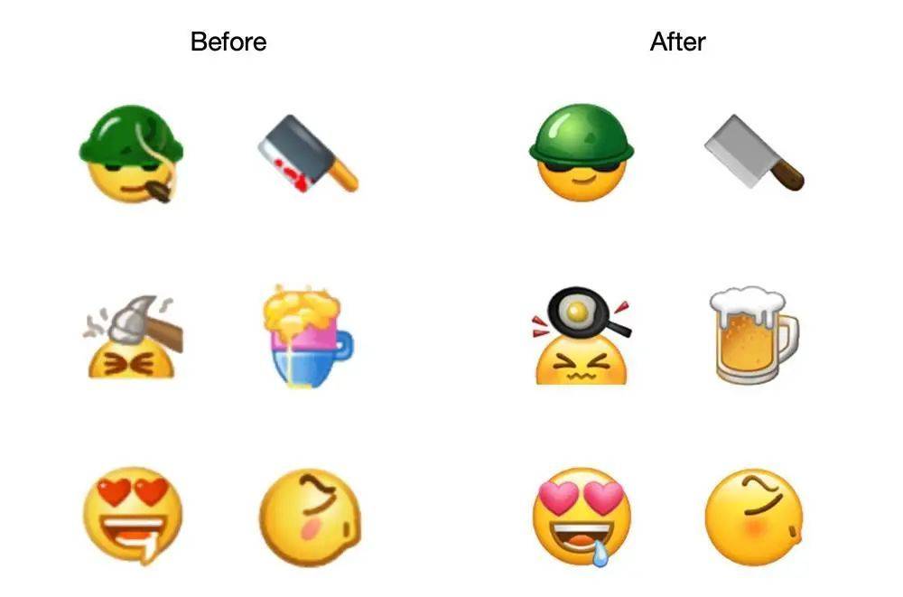 微信旧版表情（图左）和新版表情（图右）对照图. 图片来自：Emojipedia<br>