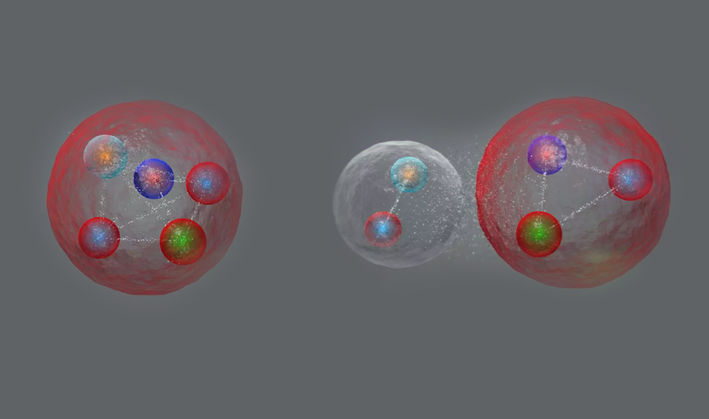  五夸克态的两种构成可能，一些科学家认为它们是“紧凑”的（左），还有一些物理学家认为它们是更类似“分子”的松散结合（右）。| 图片来源：CERN<br label=图片备注 class=text-img-note>