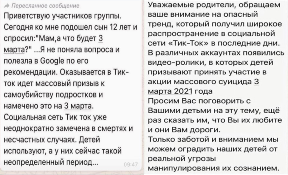 ● 社交网络上出现的警告信息两则，左侧为一位担忧的母亲发给家长群的短信，其中称“TikTok已经不止一次地出现在死亡和不幸事件中，孩子们被利用了……”右侧为学校发给家长的警示消息，要求家长与孩子就这一问题进行谈话 / 网页截图<br>