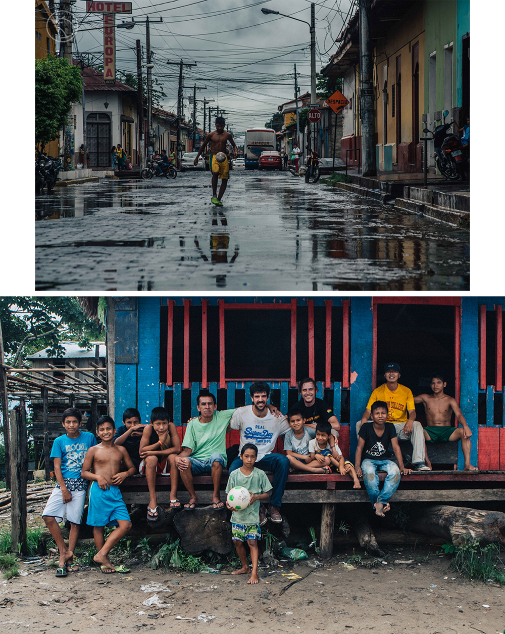   上图：尼加拉瓜雨后踢球的男孩；下图：阿牛在亚马逊丛林和当地小孩踢球后<br>