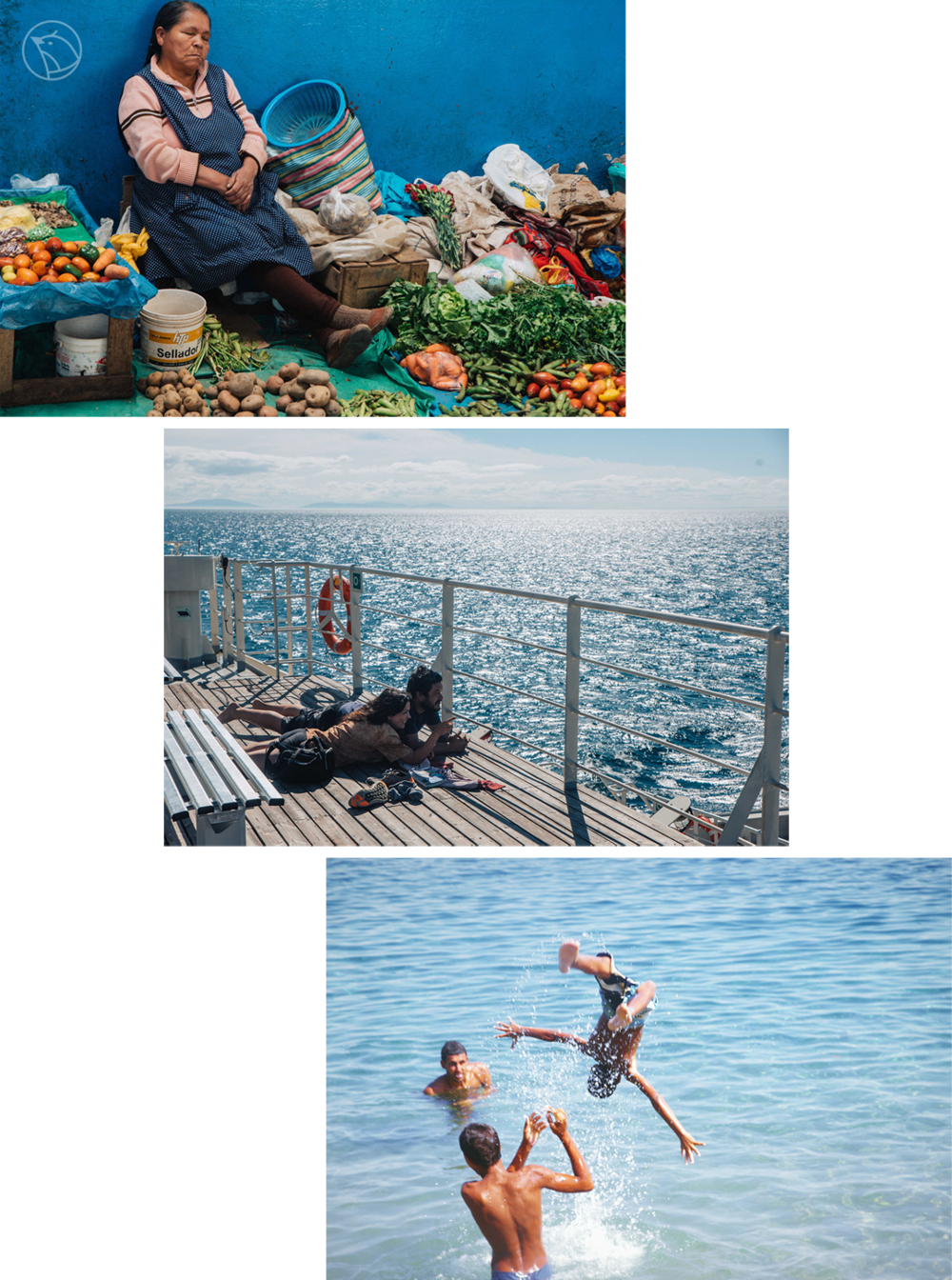   上图：秘鲁午休的卖菜阿姨；中图：智利轮渡上的一对情侣；下图：埃及戏水的孩子<br>