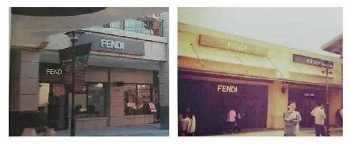 图为益朗公司经营的“FENDI”店铺(左）和芬迪公司直营品牌折扣店（右）图片来源：浦江天平<br>