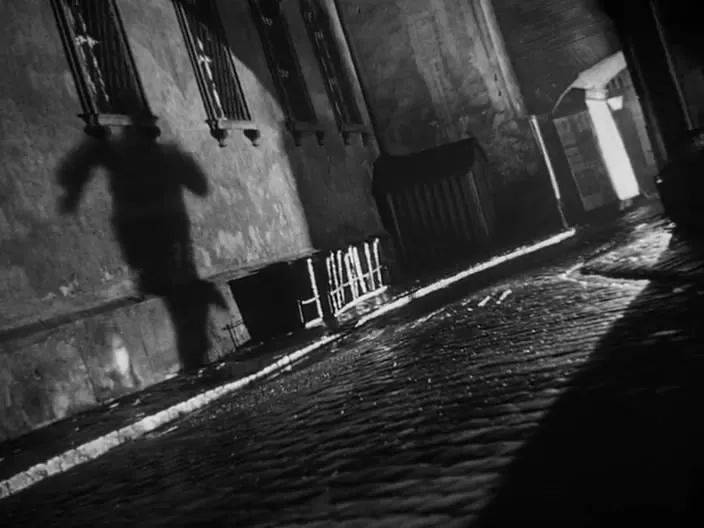 倾斜的维也纳，湿漉漉的街道地面反射着光线，低角度光线照明把巨大的人影投射在墙上。本片为黑色电影视觉图谱增加了元素，一种黑色唯美元素。<br>