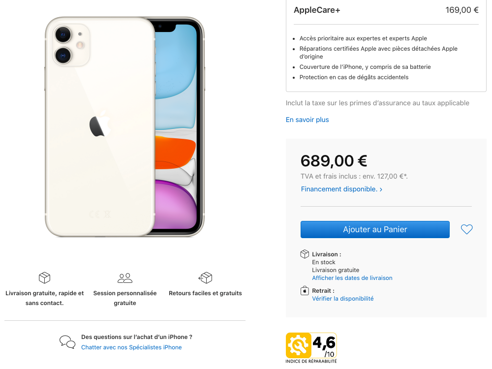 苹果法国官网中 iPhone 11 的可维修评分