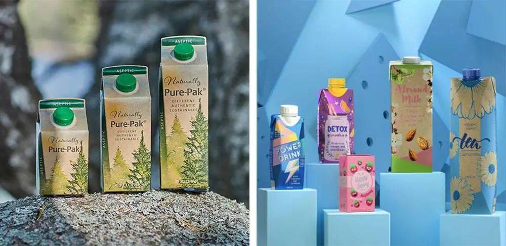 ▲Elopak 推出的纯乐® 牛奶盒（图左）和利乐（Tetra Pak）推出的牛奶盒（图右）
