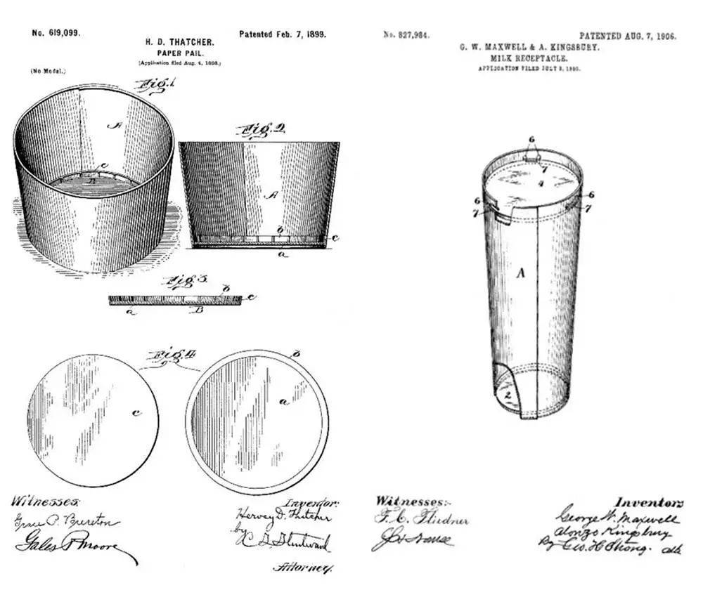 ▲1896 年获得专利的 Parafinned Pail 和 1906 年获得专利的 Milk Receptacle. 图片来自：sha