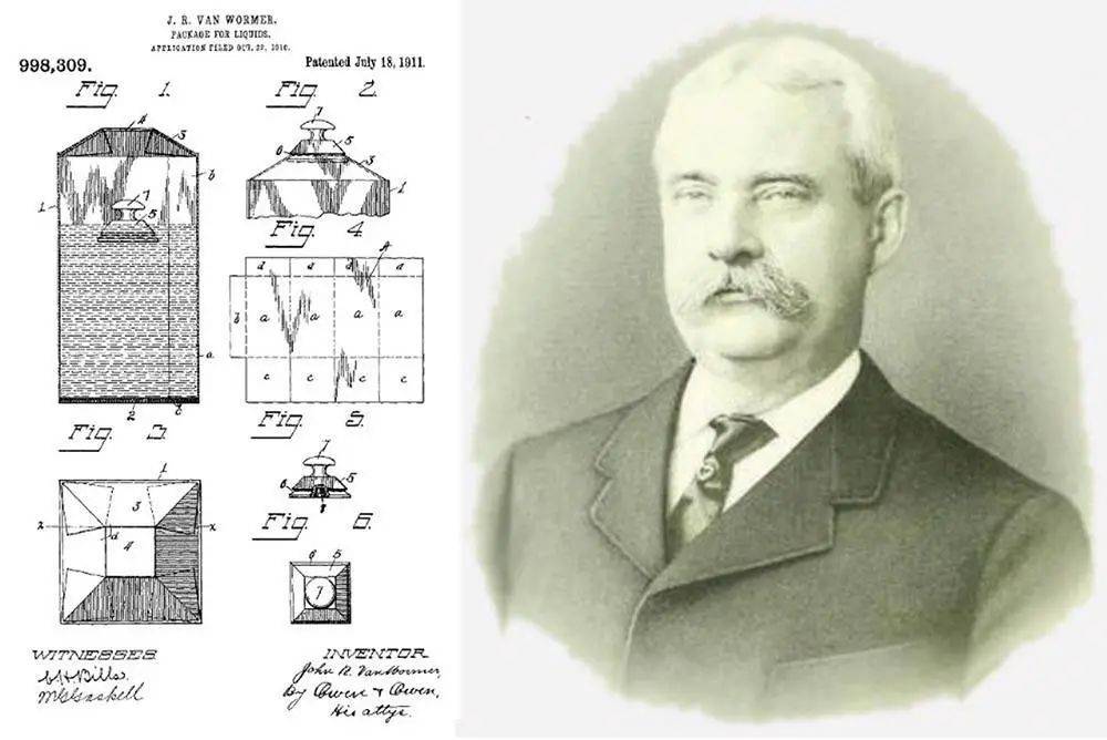 ▲约翰·R·范·沃尔默（John R.Van Wormer）和他在 1911 年设计的牛奶盒图纸. 图片来自：sha