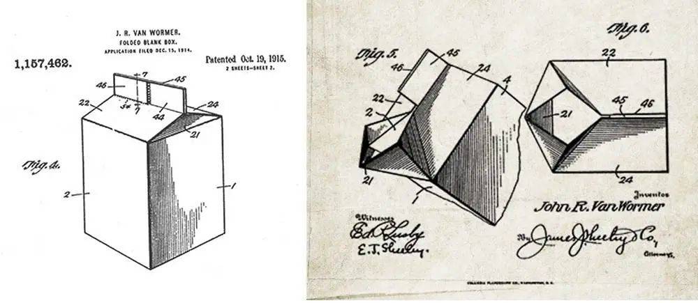 ▲约翰·R·范·沃尔默（John R.Van Wormer）在1915年的牛奶盒设计图纸. 图片来自：Elopak