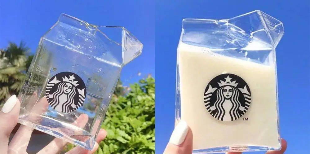 ▲星巴克推出的牛奶盒形状玻璃杯. 图片来自：ELLE Taiwan