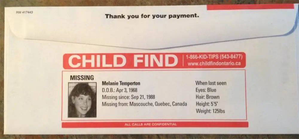 ▲印在电费单信封上的失踪儿童信息. 图片来自：99percentinvisible