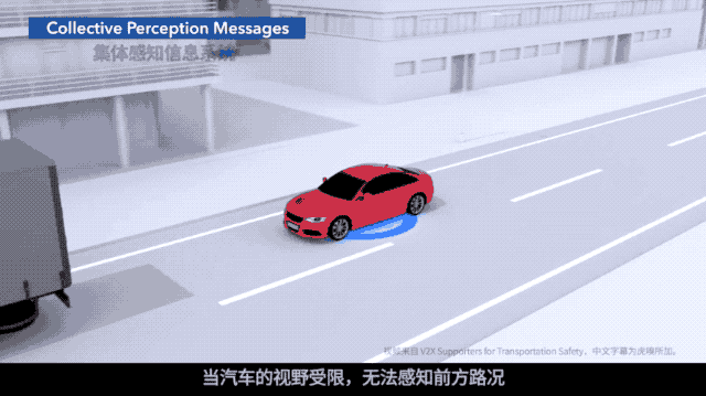 车联网效果示意，中文字幕为虎嗅所加。图片来源： V2X Supporters for Transportation Safety。
