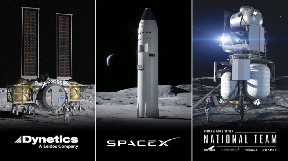 3家竞标公司NASA登月舱项目的设计图，从左到右分别为动力系统公司，蓝色起源与SpaceX | teslarati.com