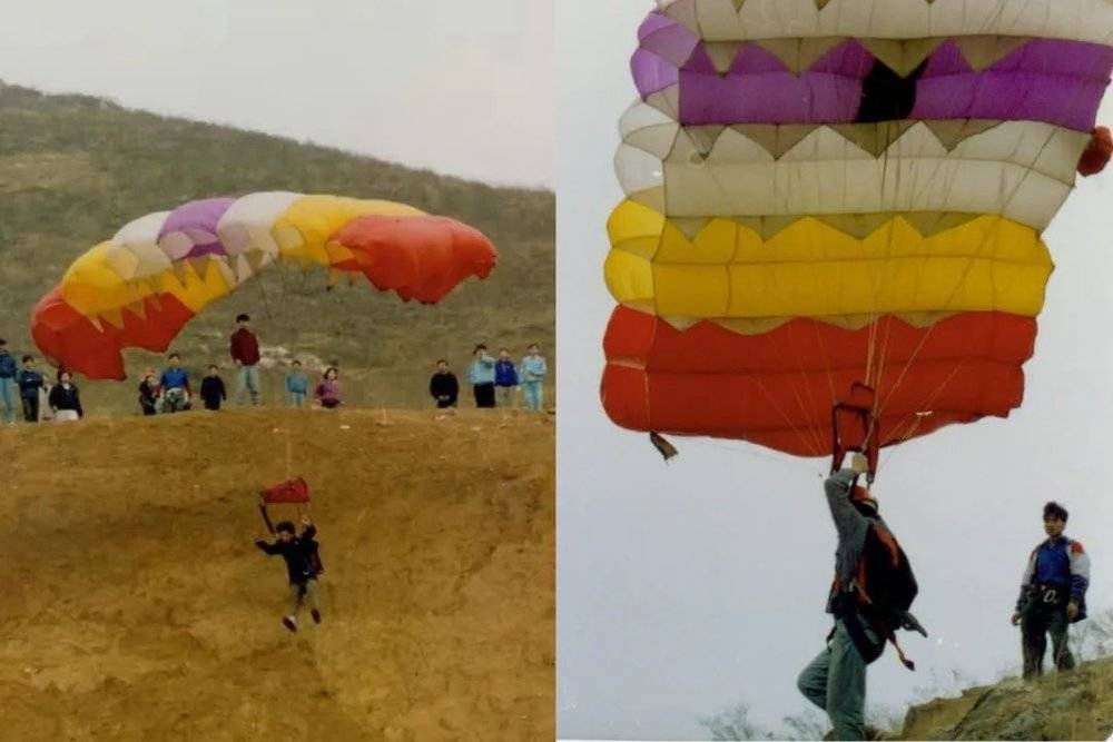 ■ 大学时代，用空降伞代替滑翔翼训练滑翔