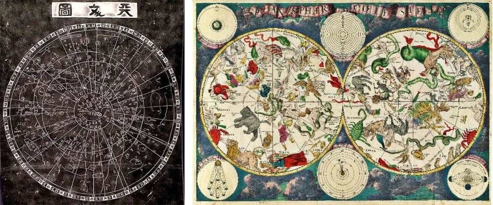 中国（左）和西方（右）古代的星座图<br>