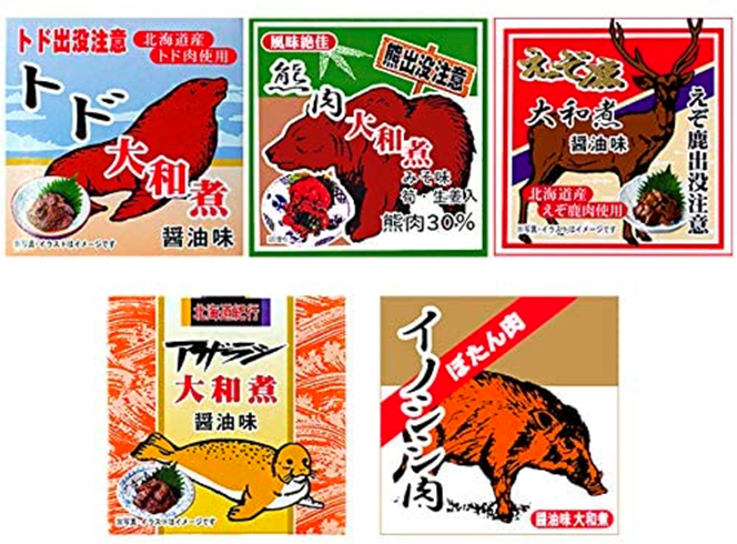 •北海道产野味套装，左下是海豹肉。在日本的亚马逊网站上有售，5罐，4280日元（约合261元）