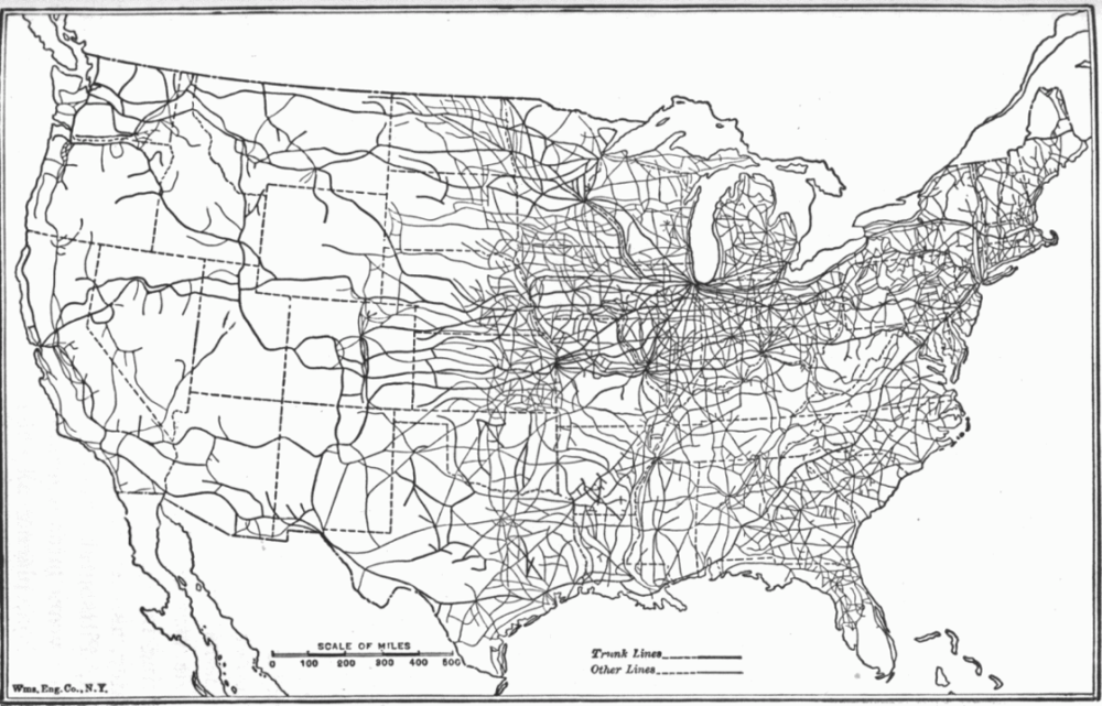 1918年的美国铁路网络。/维基百科<br>