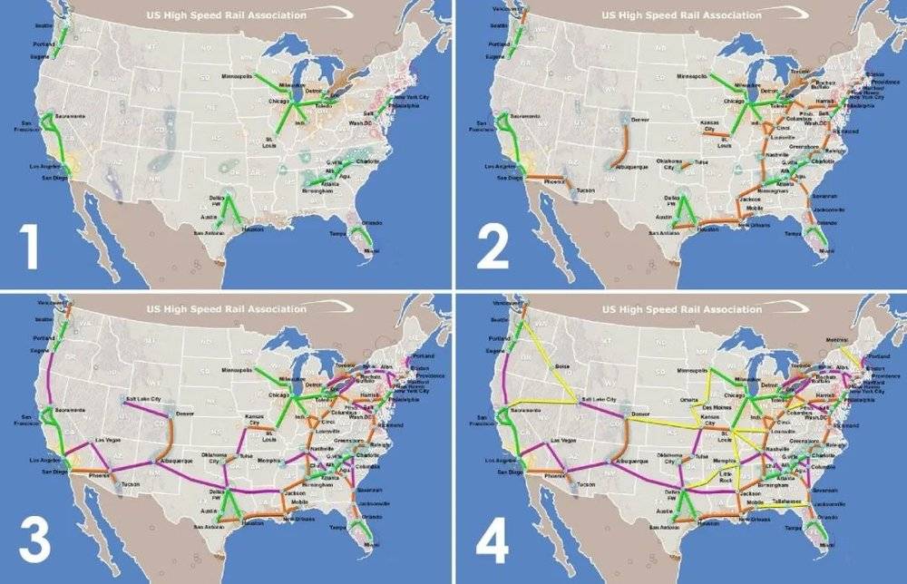 美国高铁的“四步走”规划蓝图，五大高铁项目被划入了第一步规划里。/US High Speed Rail Association<br>