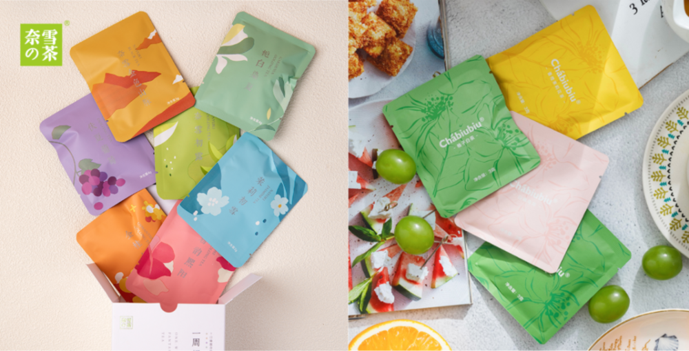袋泡茶包装，图片来源：奈雪的茶天猫旗舰店（左），chabiubiu天猫旗舰店（右）