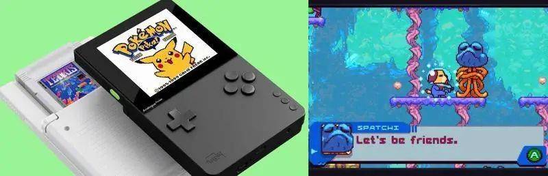 图左：将于今年5月发布的复古游戏机Analogue Pocket  图右：独立游戏开发者Rik Nicol为纪念任天堂掌机Game Boy Advance（GBA）日本发售20周年，制作的2D像素动作游戏《再见银河系》<br>