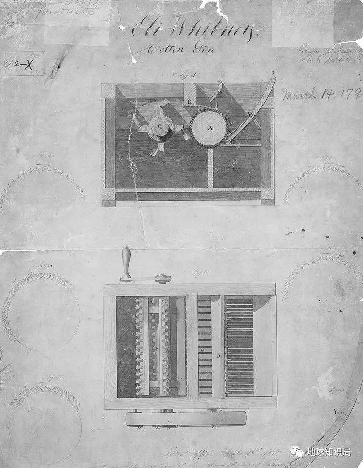轧棉机的发明在美国重振了奴隶制，也为美国南部打下了经济基础（下图为其专利证明 图：Wiki）