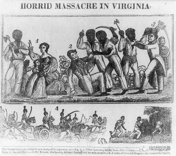 在如此惨无人道的环境中，自然会有反抗，1831年南安普敦的反抗就杀掉50多个白人，最终还是被拿着枪的白人镇压了，领头人也被绞死，更多的黑奴被屠杀泄愤（木版画 图：美国国会图书馆）