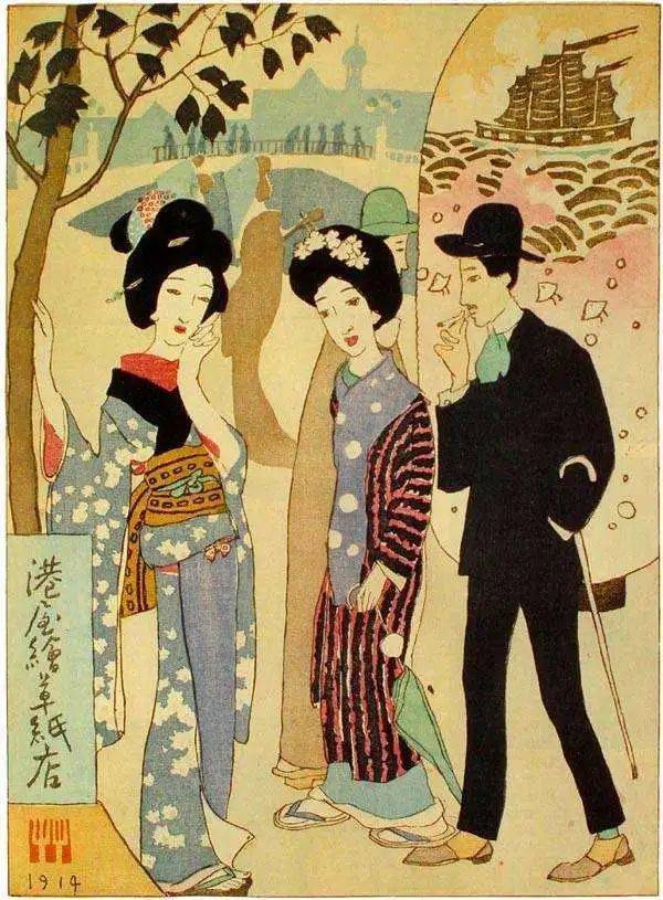 被称为“大正浪漫代名词”的艺术巨匠竹久梦二1914年的作品，身着西服的男子与身着和服的日本女子<br>