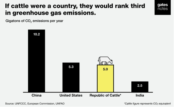 图1：牛的碳排放总量仅次于中国、美国 ，单位：Gigatons（吉吨，1吉吨=10亿吨），来源：盖茨基金会  <br>