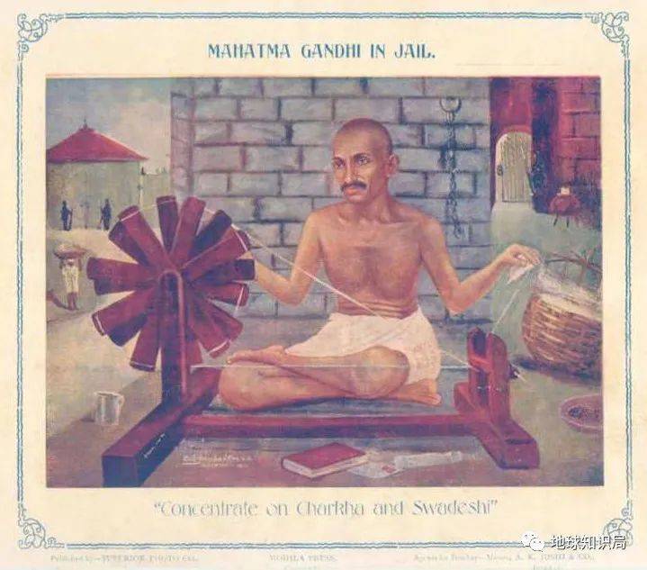 甘地经典的纺车形象，与其说这有多大生产力，倒不如说是一种成功的营销