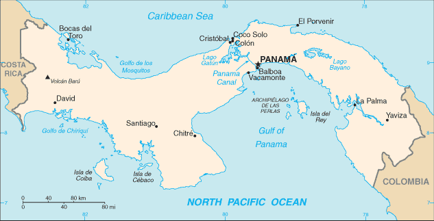 巴拿马地图，巴拿马运河位于中部，连通太平洋和大西洋<br>