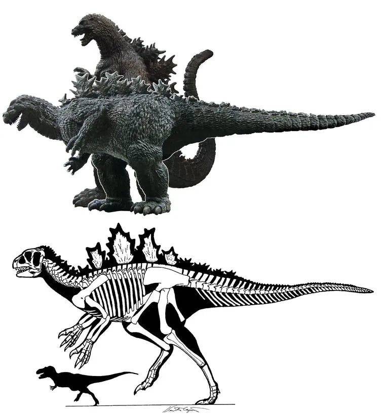  哥斯拉的直立姿势介于蜥蜴和恐龙之间，非常独特。图片描绘了如果它和恐龙采用同一种站姿的样子。| 图片来源：Kenneth Carpenter/Wikimedia Commons, CC BY-SA<br label=图片备注 class=text-img-note>