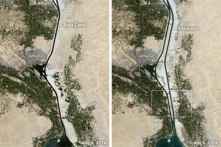 “新苏伊士运河”打通前后的卫星照片对比图。/维基百科<br label=图片备注 class=text-img-note>