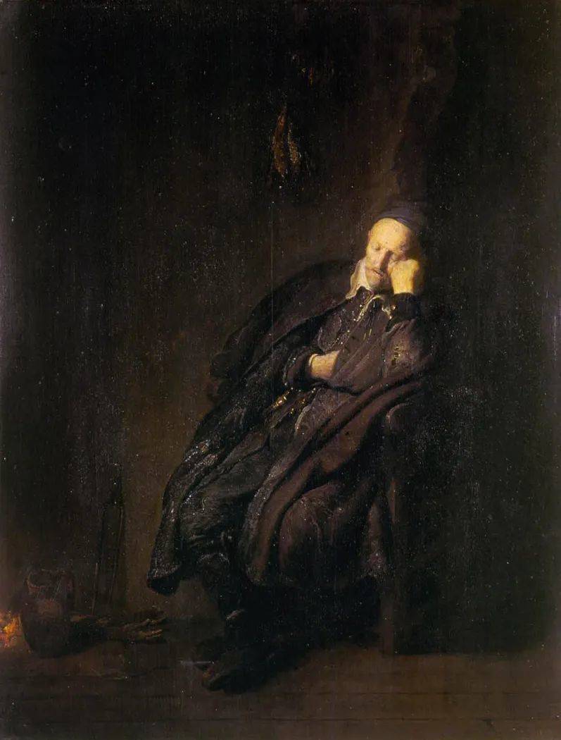 伦勃朗画作《炉火旁熟睡的老人》<br>
