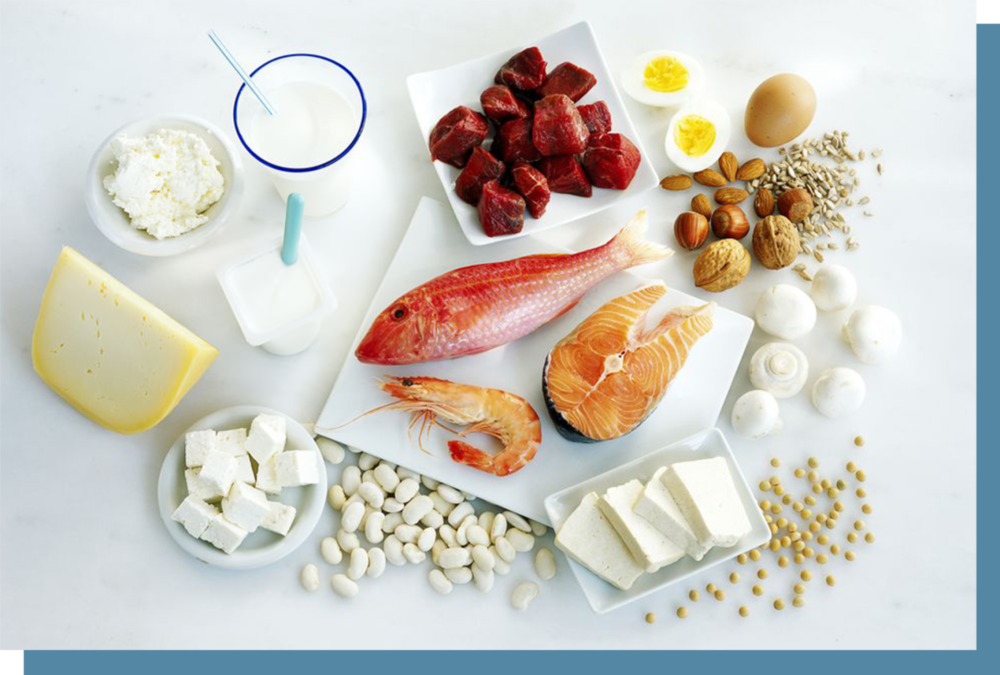 蛋白质的主要来源分为动物性蛋白质和植物性蛋白质。二者皆由氨基酸组成，但必需氨基酸的含量和比例有所差异。© Prevention.com