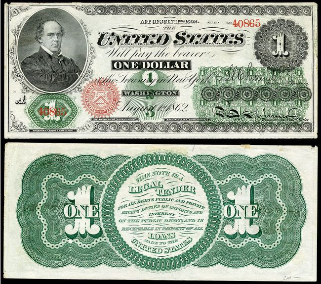 美国在南北战争时期发行的绿背纸币，无法与黄金兑换，在1879年后逐步退出市场。图片来源：Wikipedia