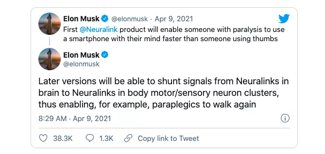 马斯克在推特上进一步表明了未来 Neuralink 的目标｜网络截图