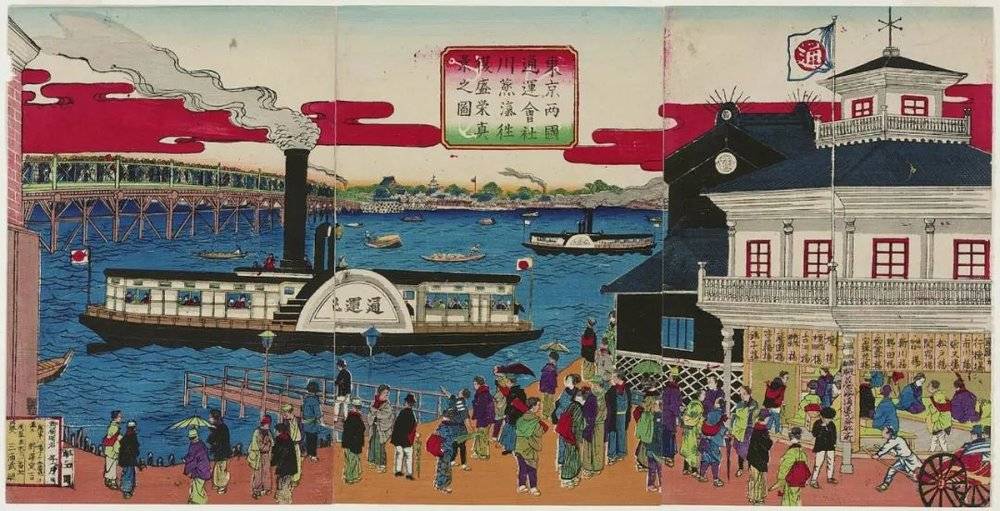 浮世绘中描绘的1870年代日本海运业繁荣景象。  图片来源：Ukiyo-e Search