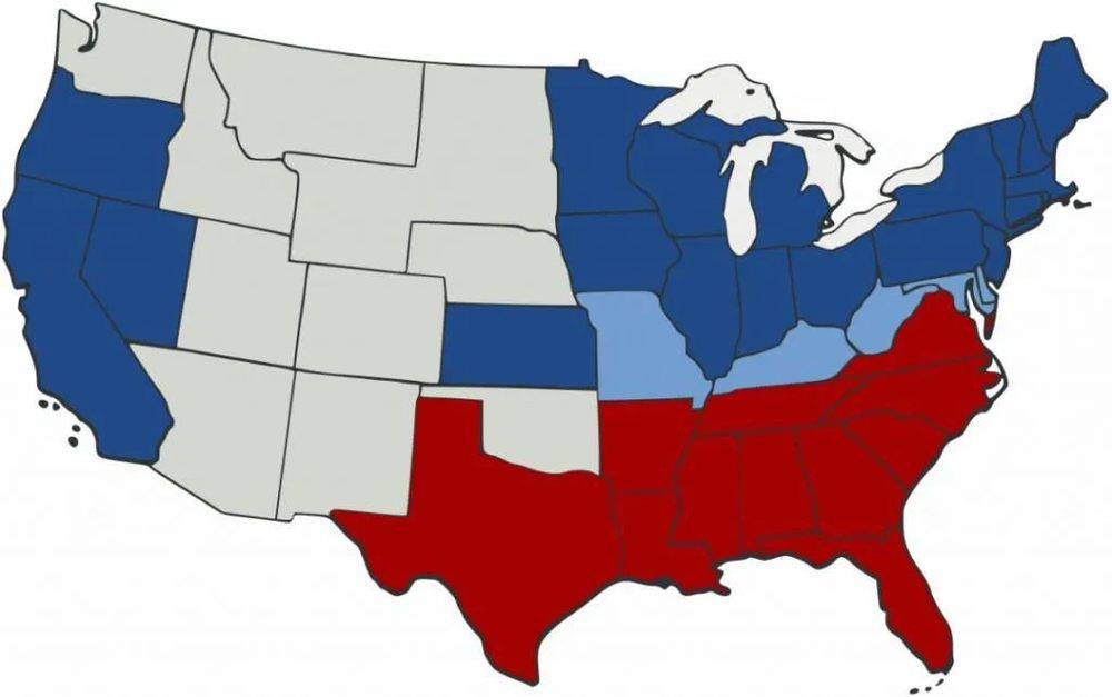 美国南北阵营示意图，红色部分为南方。