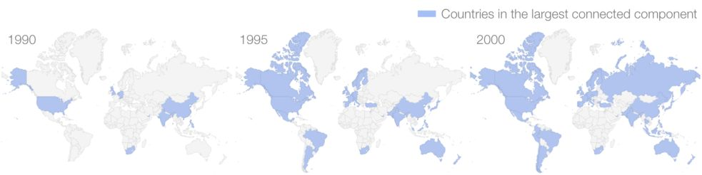 随时间推移，全球范围内最大 LCC 的分布情况。（蓝色地区）