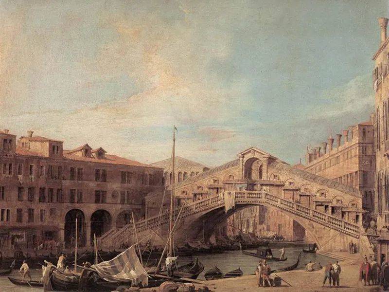 《南部的里亚尔托桥》：今天所见的里亚尔托桥重建于1508年，是一座约48米长、55米宽、7米高的石拱桥，是威尼斯本岛上横跨大运河的、最宏伟的桥，自中世纪起就是威尼斯城的贸易中心。绘画：卡纳莱托（Canaletto）