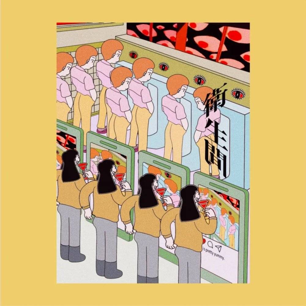 艺术家费明节创作的漫画：男厕所外，女人手拿红酒杯欣赏男人站着撒尿<br>