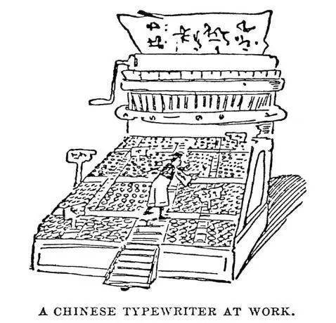 美国讽刺漫画：如同太和殿的中文打字机：打字员如同攀上石阶，费力地寻找所需要的汉字按键<br>