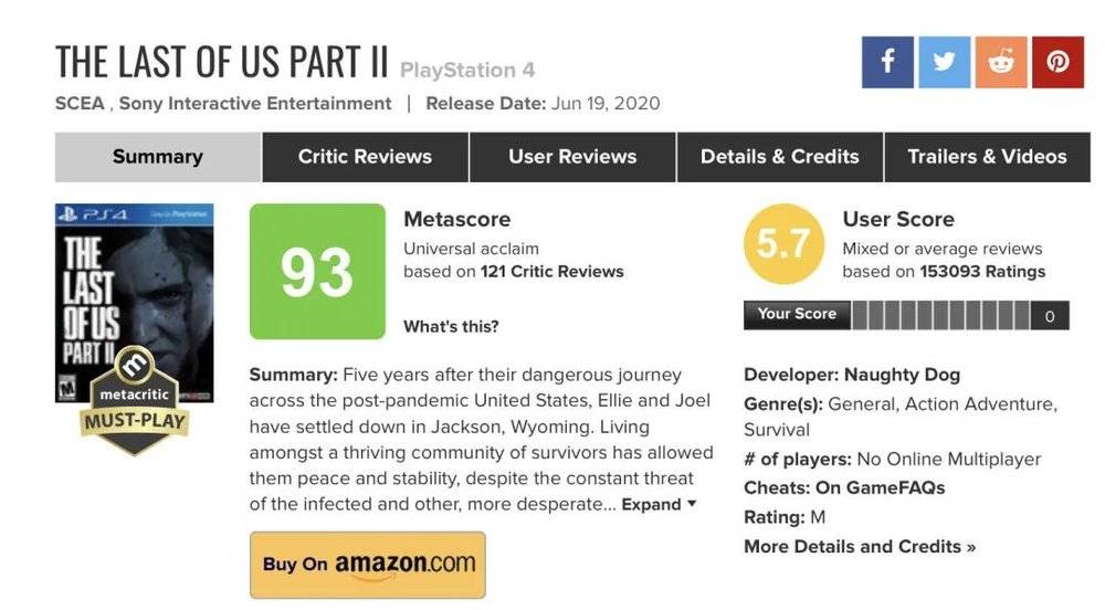 15 万玩家在评分网站上给《最后生还者：第二部》打出了 5.7 的低分，与媒体 93 分的平均分相去甚远｜Metacritic