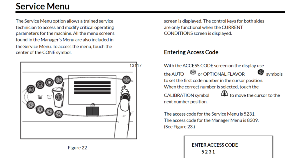 泰勒C602冰激凌机内部工程师手册中的一页，明确指出，调出隐藏服务菜单，必须由受过训练的售后技术工程师操作 | dlmanuals.com <br>