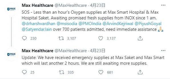 就连医院的医用氧气面临断供，也要通过推特来发送SOS。/ Twitter@MaxHealthcare<br>
