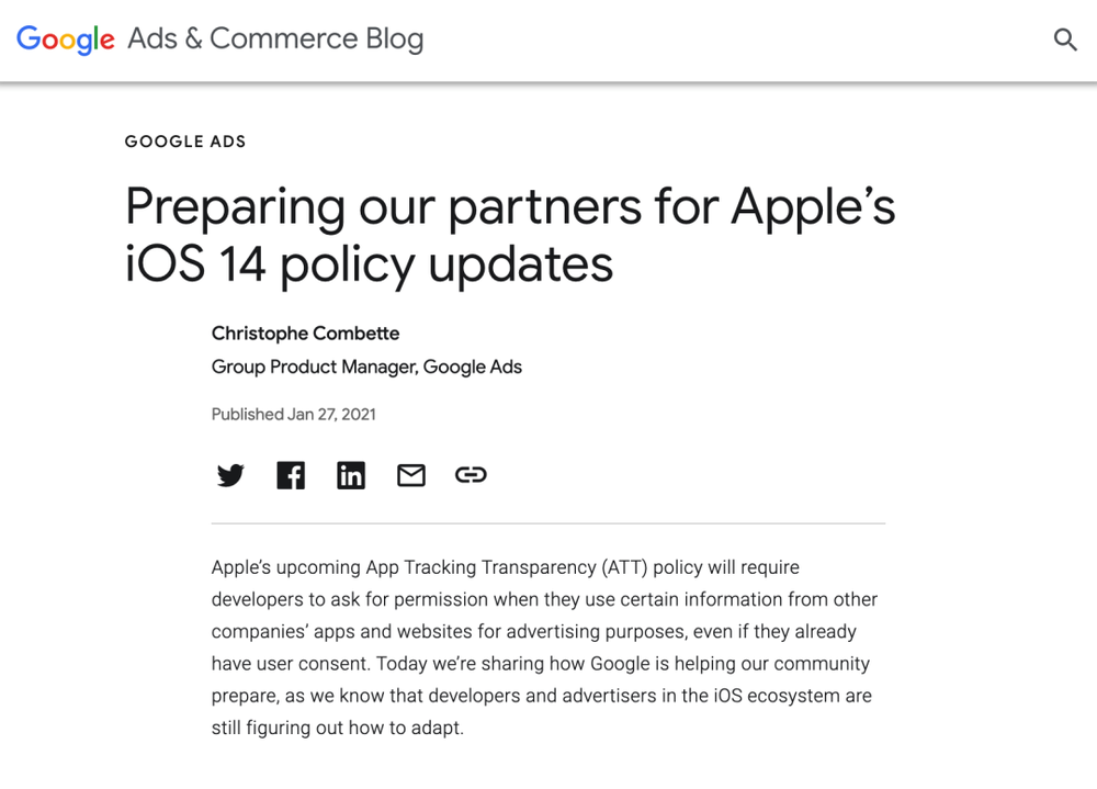谷歌表示支持苹果在iOS 14在隐私上做出的改革｜图片来自：Google Blog