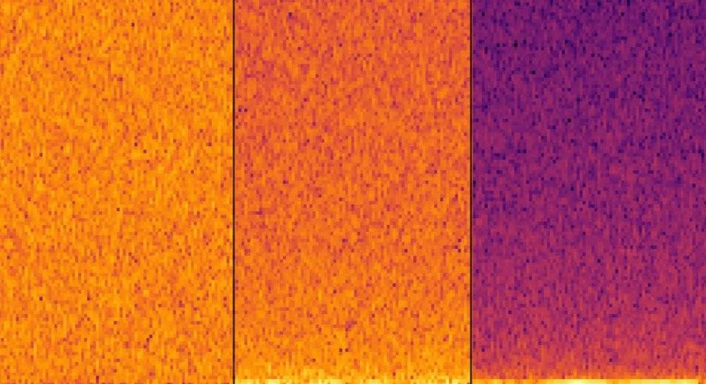白噪音、粉噪音和棕噪音（从左至右），从上到下波谱频率降低，颜色越明亮代表波强度越大，白噪音在各频率波强度都相似<br>