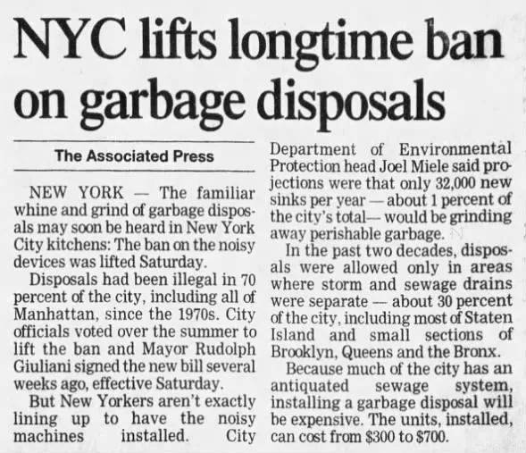 直到1997年，纽约市才取消了厨余处理机的禁令。<br>