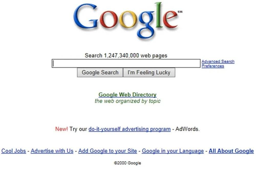 千禧年伊始的谷歌界面。图片来源：谷歌