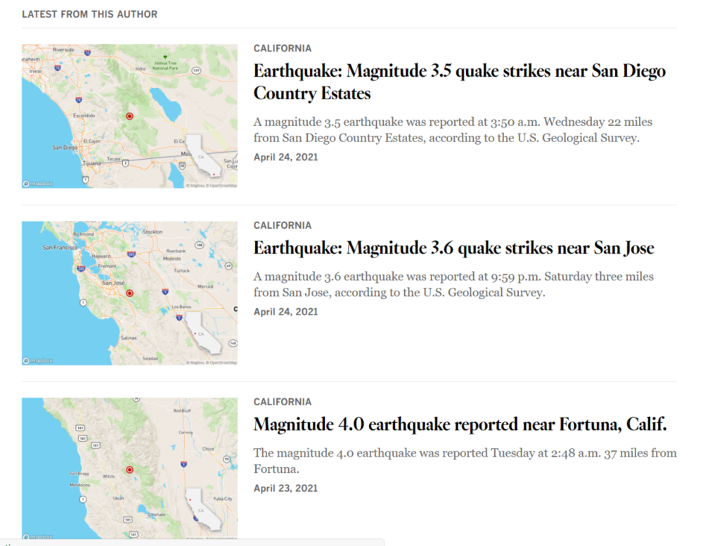Quakebot近期发布的新闻。图片来源：《洛杉矶时报》<br label=图片备注 class=text-img-note>